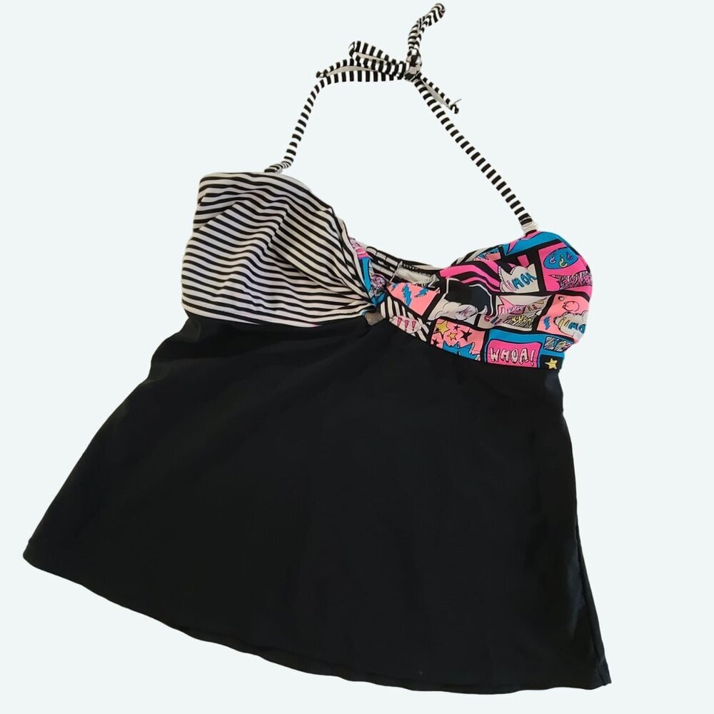 Ocean Pacific Colorful Comic-Print & Striped‎ Halter Bikini Top With Black Skirt